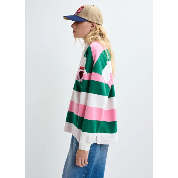 Essentiel Antwerp Pink, off-white and dark green striped cotton-blend polo with appliqué patches Top, view 5