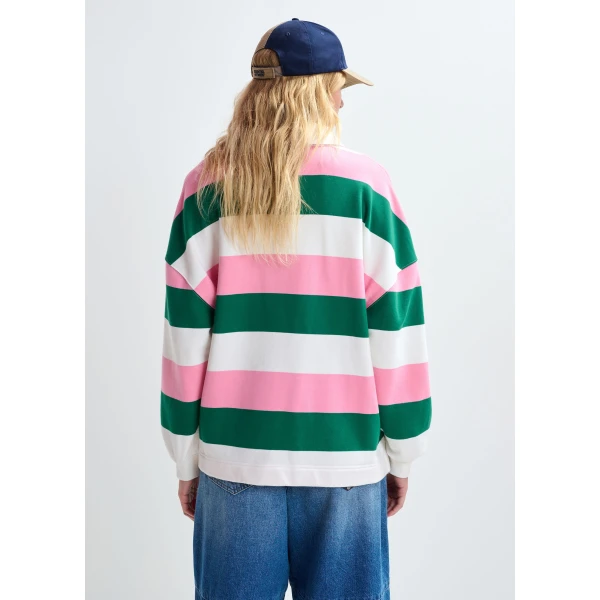 Essentiel Antwerp Pink, off-white and dark green striped cotton-blend polo with appliqué patches Top, view 6
