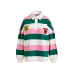 Essentiel Antwerp Pink, off-white and dark green striped cotton-blend polo with appliqué patches Top
