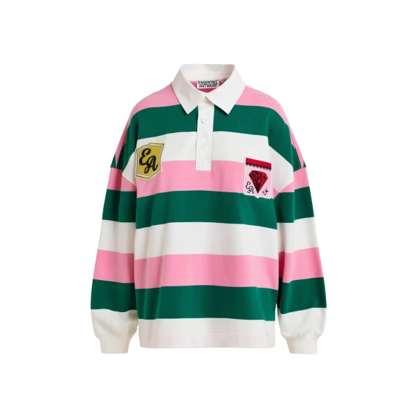 Essentiel Antwerp Pink, off-white and dark green striped cotton-blend polo with appliqué patches Top
