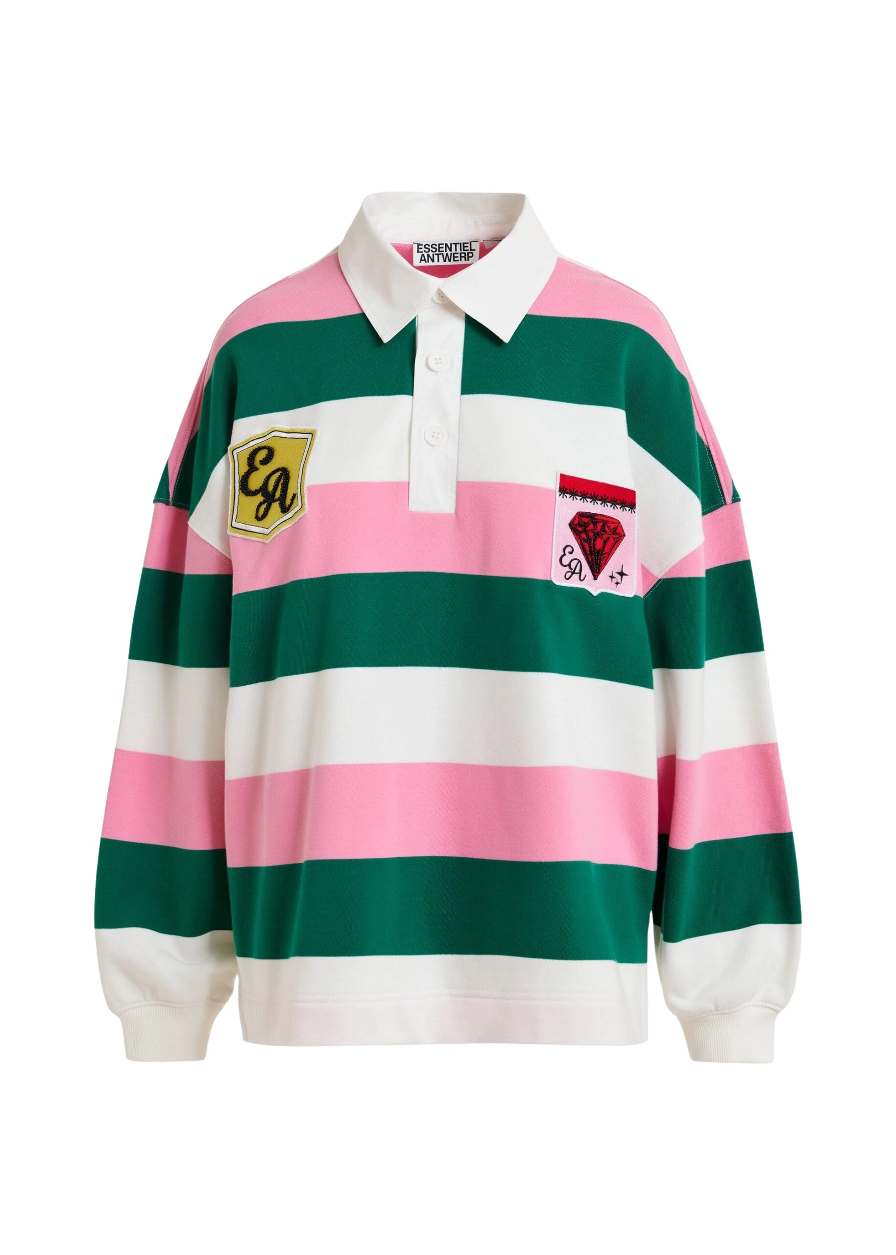 Essentiel Antwerp Pink, off-white and dark green striped cotton-blend polo with appliqué patches Top