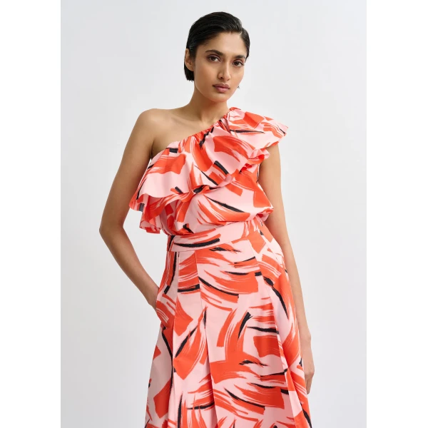 Essentiel Antwerp Pink, orange and black asymmetric ruffle top, view 3