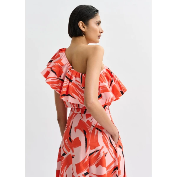 Essentiel Antwerp Pink, orange and black asymmetric ruffle top, view 4
