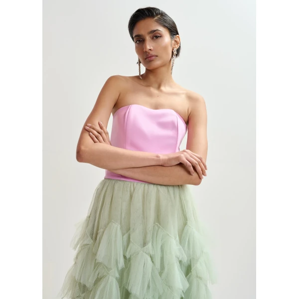 Essentiel Antwerp Pink sculpted bustier top with smocked back, view 2