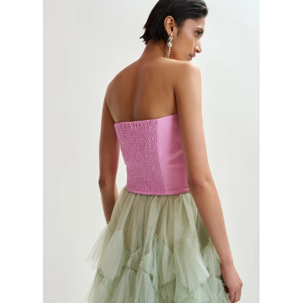 Essentiel Antwerp Pink sculpted bustier top with smocked back, view 3