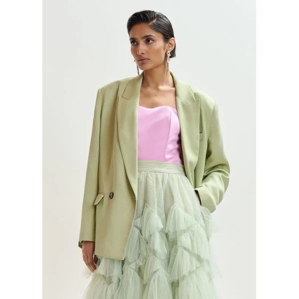 Essentiel Antwerp Pink sculpted bustier top with smocked back, view 4