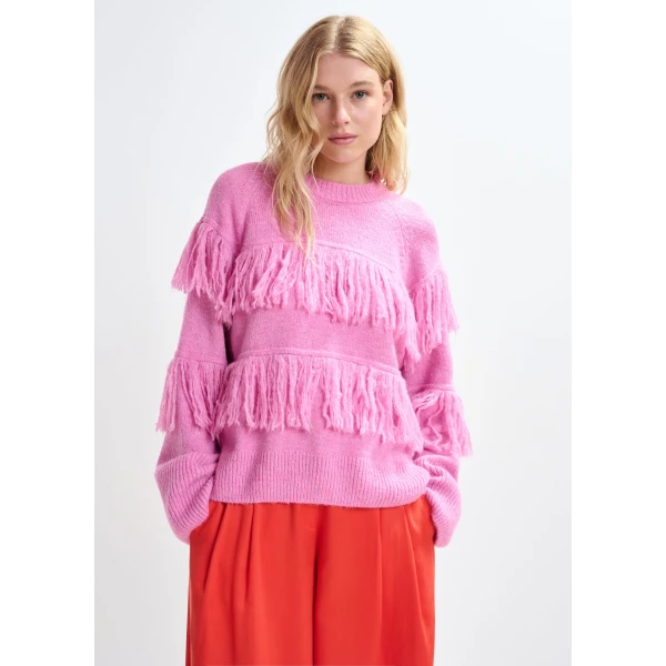 Essentiel Antwerp Pink sweater with fringe details, view 2