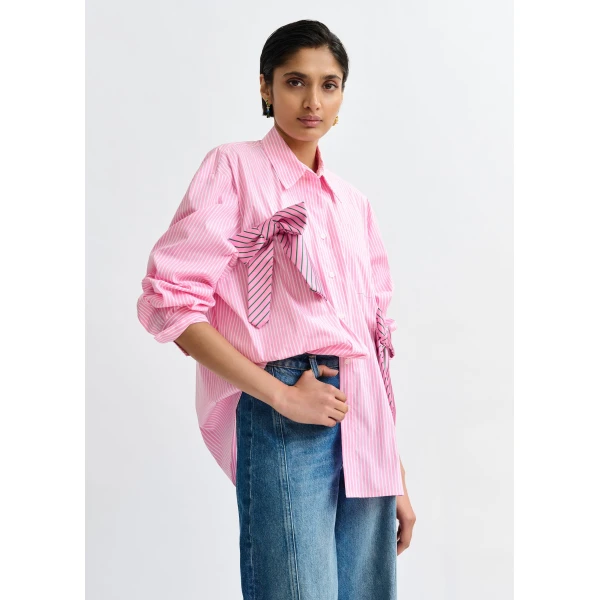 Essentiel Antwerp Pink, white and green striped oversized cotton shirt with tie bows, view 2