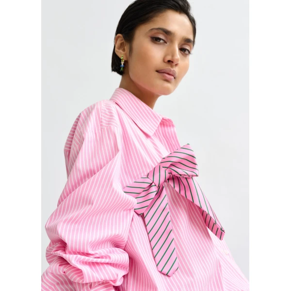 Essentiel Antwerp Pink, white and green striped oversized cotton shirt with tie bows, view 3