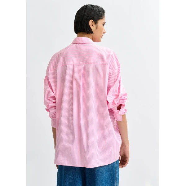Essentiel Antwerp Pink, white and green striped oversized cotton shirt with tie bows, view 4