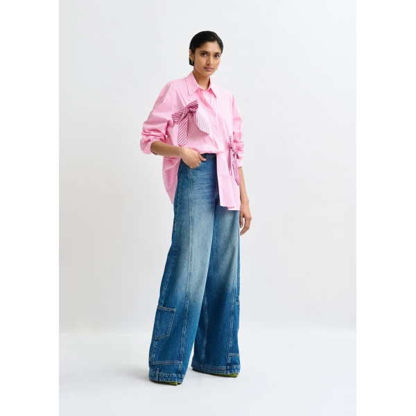 Essentiel Antwerp Pink, white and green striped oversized cotton shirt with tie bows, view 5