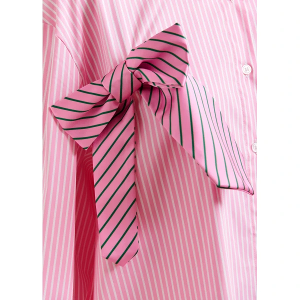 Essentiel Antwerp Pink, white and green striped oversized cotton shirt with tie bows, view 6