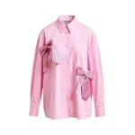 Essentiel Antwerp Pink, white and green striped oversized cotton shirt with tie bows