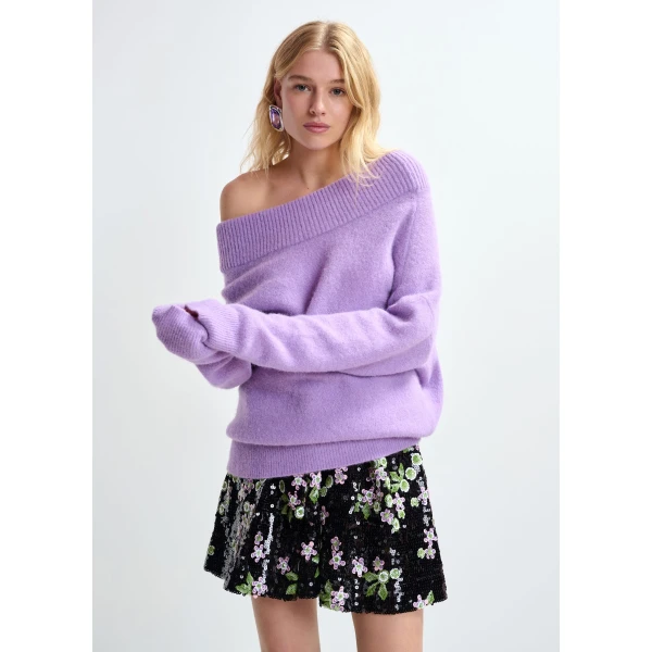 Essentiel Antwerp Purple alpaca wool-blend off-shoulder knit sweater, view 2