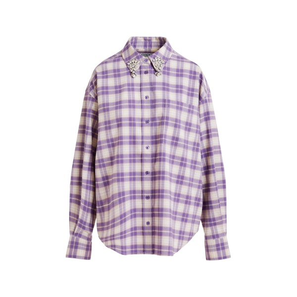 Purple and beige checked flannel shirt with rhinestone-embellished collar