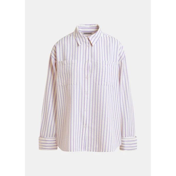 Essentiel Antwerp Purple and off-white oversized shirt with rhinestone embellishments and layered bib, view 2