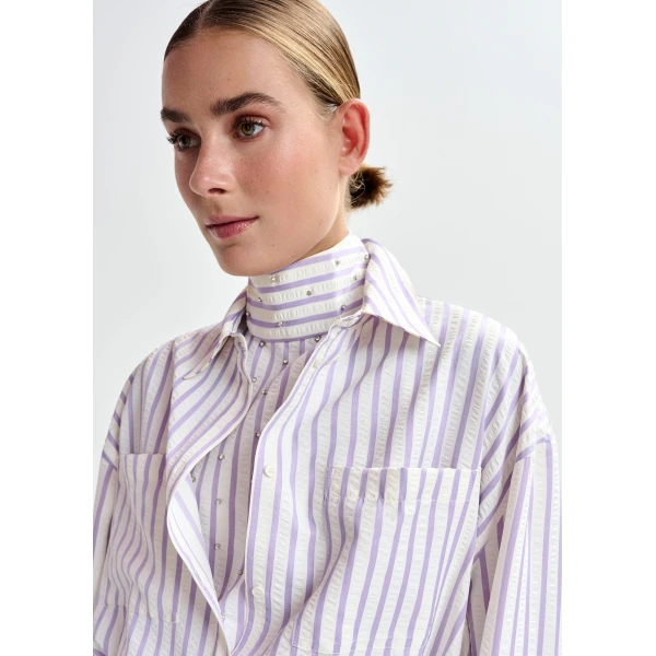 Essentiel Antwerp Purple and off-white oversized shirt with rhinestone embellishments and layered bib, view 4