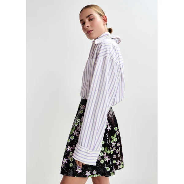 Essentiel Antwerp Purple and off-white oversized shirt with rhinestone embellishments and layered bib, view 5