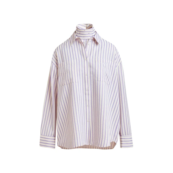 Essentiel Antwerp Purple and off-white oversized shirt with rhinestone embellishments and layered bib