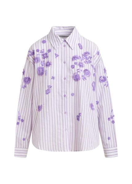Purple and off-white striped cotton shirt with floral sequin and bead embellishments