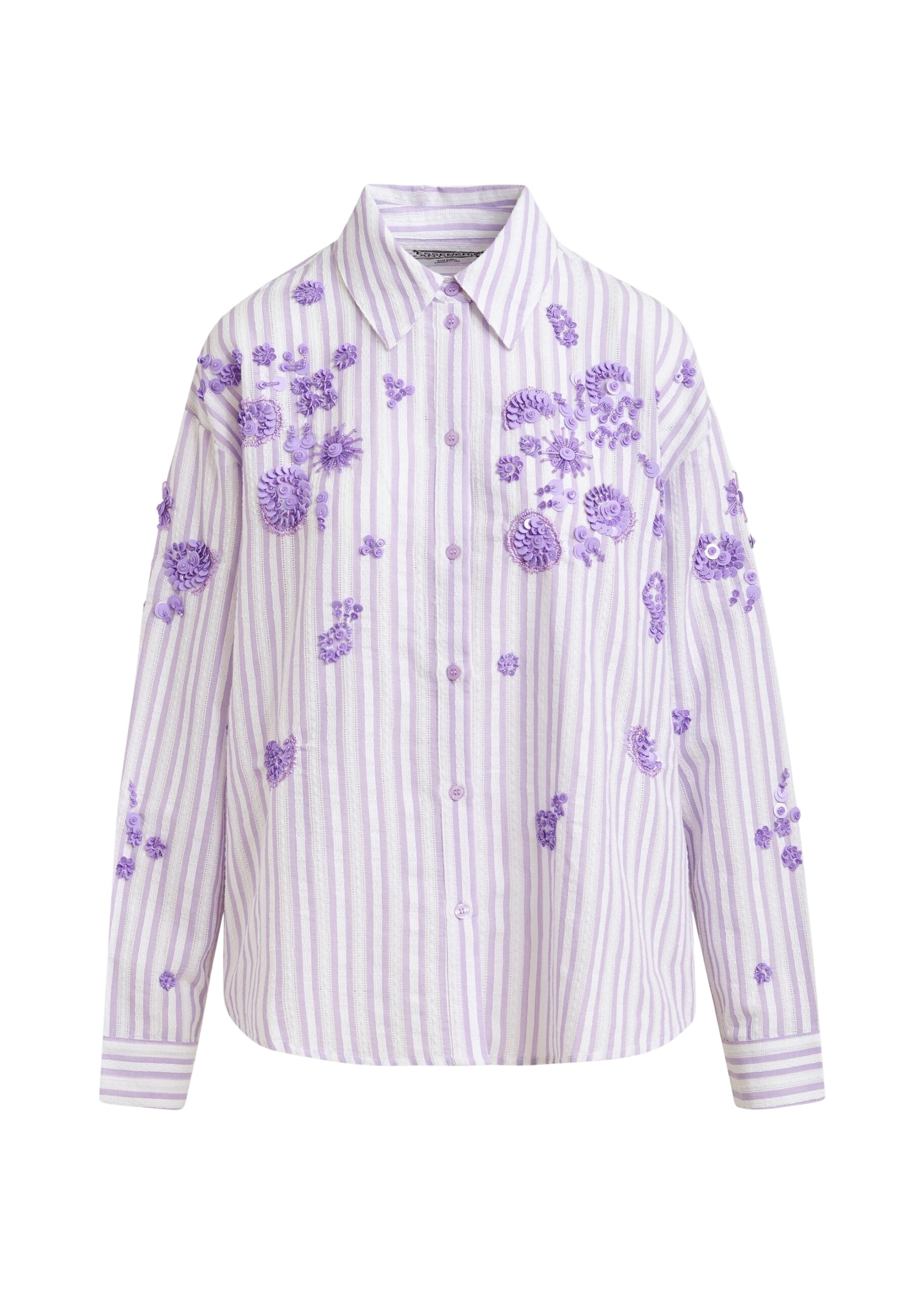 Purple and off-white striped cotton shirt with floral sequin and bead embellishments