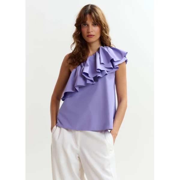 Essentiel Antwerp Purple asymmetric ruffle top, view 3