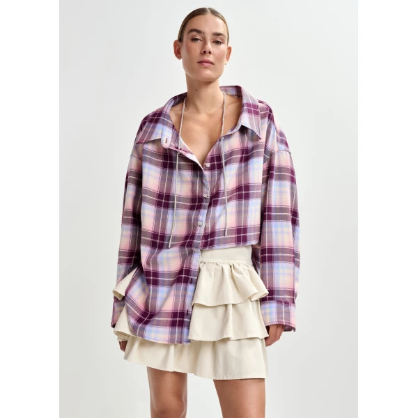 Essentiel Antwerp Purple, burgundy and light blue oversized plaid shirt with rhinestone chain, view 2