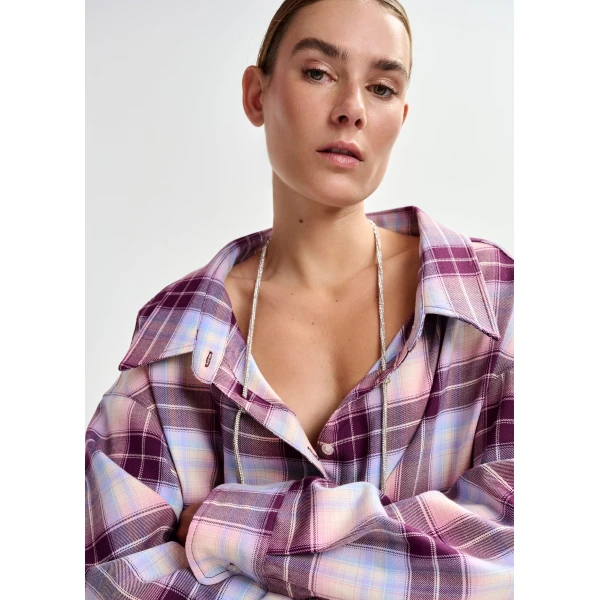 Essentiel Antwerp Purple, burgundy and light blue oversized plaid shirt with rhinestone chain, view 3
