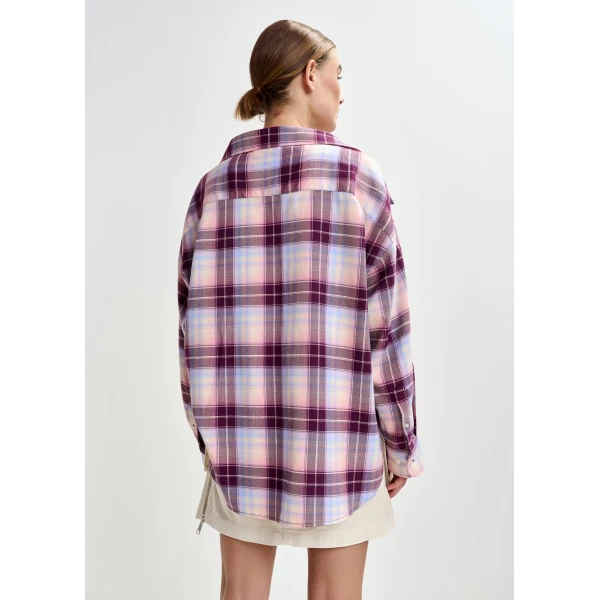 Essentiel Antwerp Purple, burgundy and light blue oversized plaid shirt with rhinestone chain, view 4