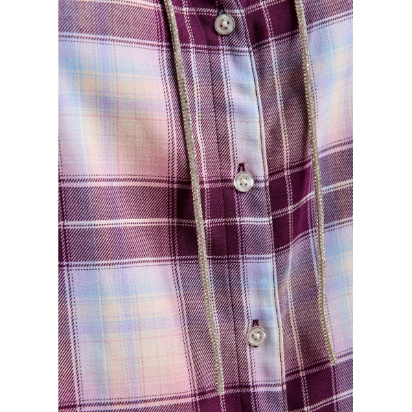 Essentiel Antwerp Purple, burgundy and light blue oversized plaid shirt with rhinestone chain, view 6