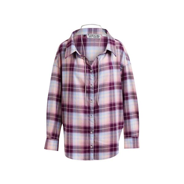 Essentiel Antwerp Purple, burgundy and light blue oversized plaid shirt with rhinestone chain
