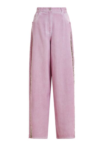 Purple high-rise wide-leg jeans with embellished side trims