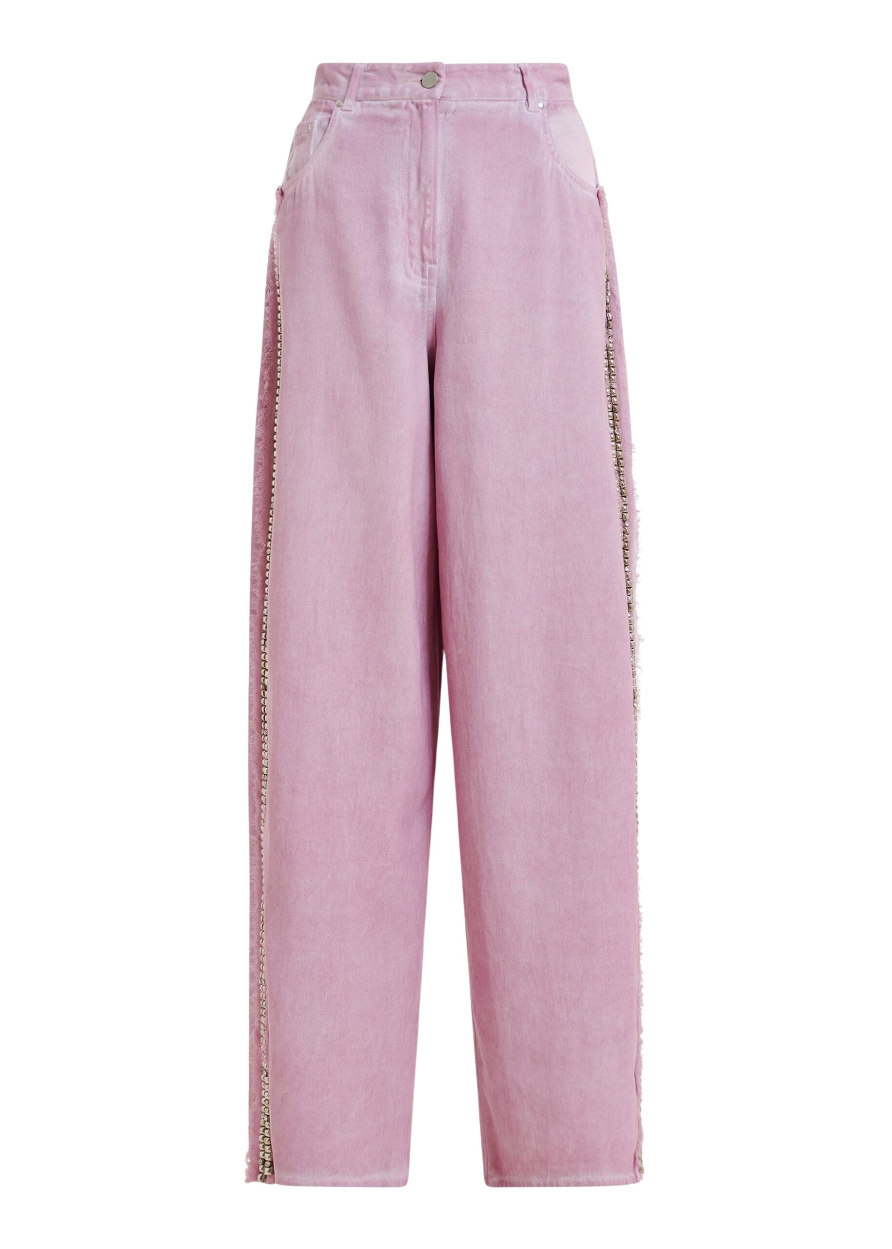 Purple high-rise wide-leg jeans with embellished side trims