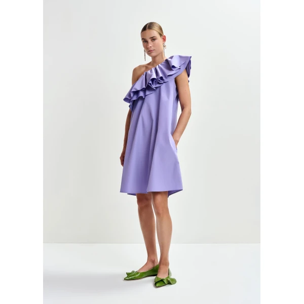 Essentiel Antwerp Purple one-shoulder mini dress with ruffle details, view 3