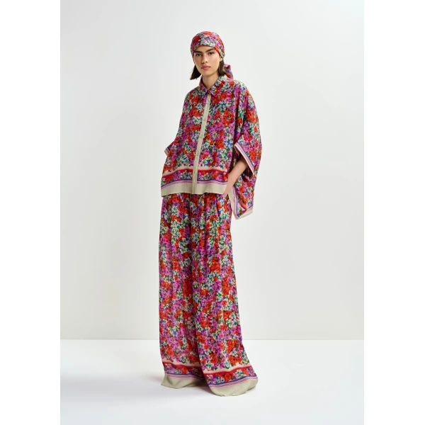 Essentiel Antwerp Purple, red and multicolor silk-blend floral print wide-leg pants, view 3