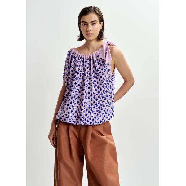Essentiel Antwerp Purple sequin-embellished asymmetric top with neck-tie ribbon, view 2