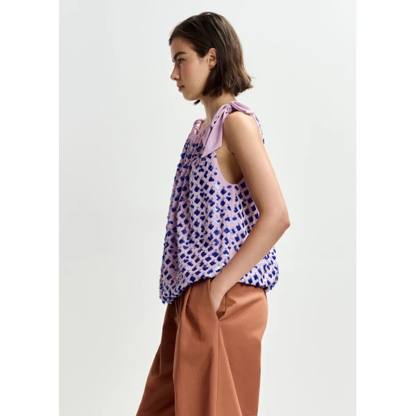 Essentiel Antwerp Purple sequin-embellished asymmetric top with neck-tie ribbon, view 3