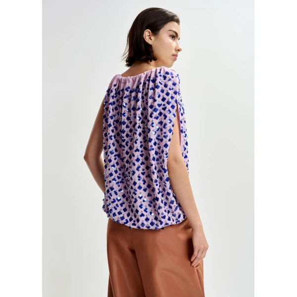 Essentiel Antwerp Purple sequin-embellished asymmetric top with neck-tie ribbon, view 4
