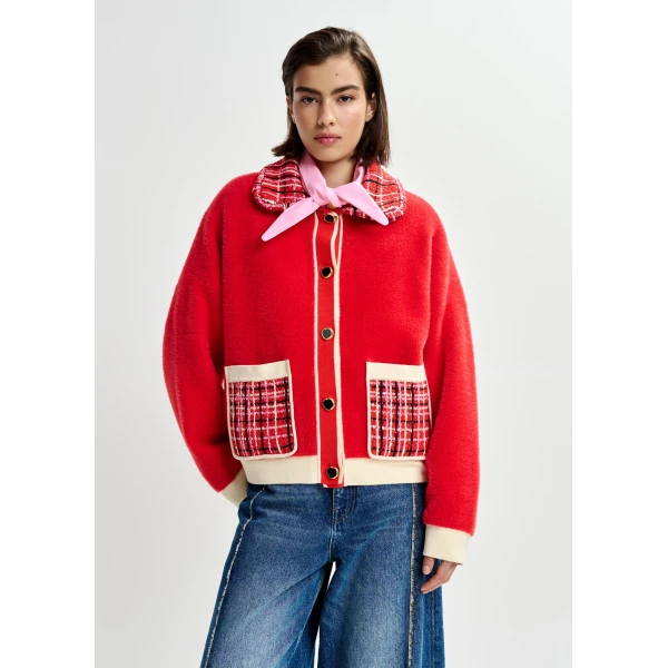 Essentiel Antwerp Red and off-white textured cardigan with contrast pink and black tweed collar and patch pockets, view 2