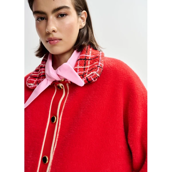 Essentiel Antwerp Red and off-white textured cardigan with contrast pink and black tweed collar and patch pockets, view 3