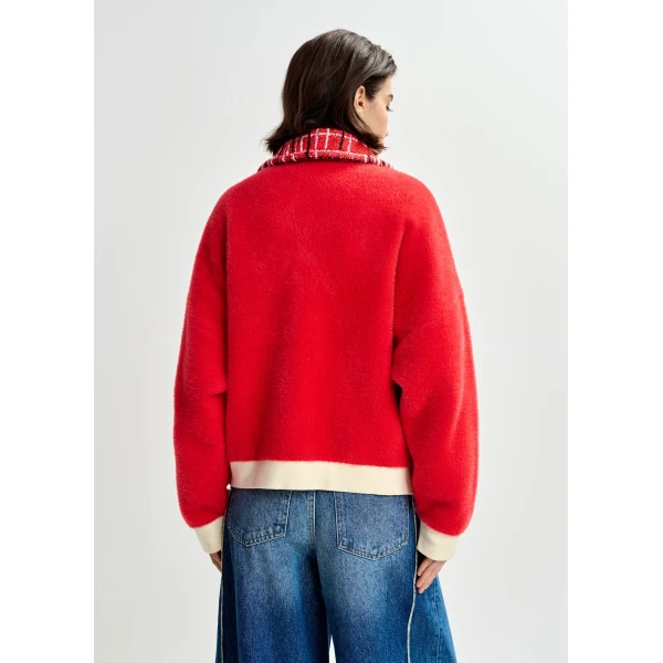 Essentiel Antwerp Red and off-white textured cardigan with contrast pink and black tweed collar and patch pockets, view 4