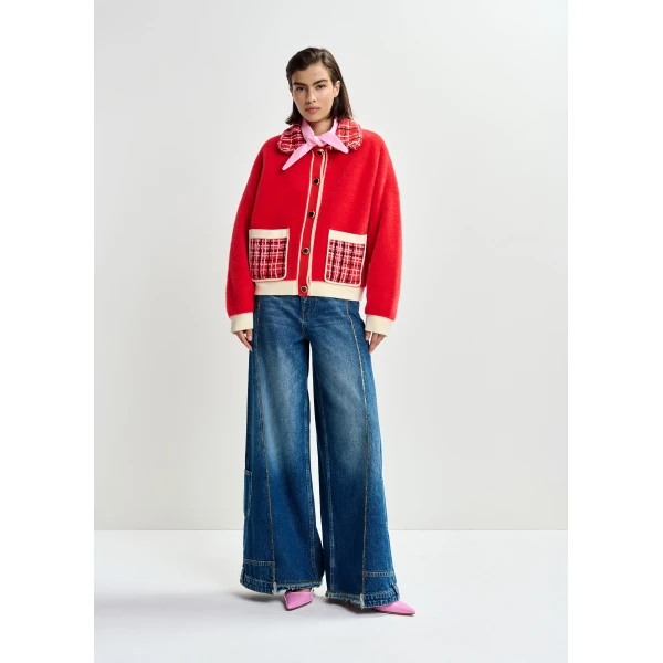 Essentiel Antwerp Red and off-white textured cardigan with contrast pink and black tweed collar and patch pockets, view 5