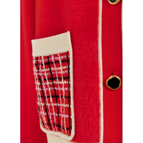 Essentiel Antwerp Red and off-white textured cardigan with contrast pink and black tweed collar and patch pockets, view 6