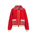 Essentiel Antwerp Red and off-white textured cardigan with contrast pink and black tweed collar and patch pockets