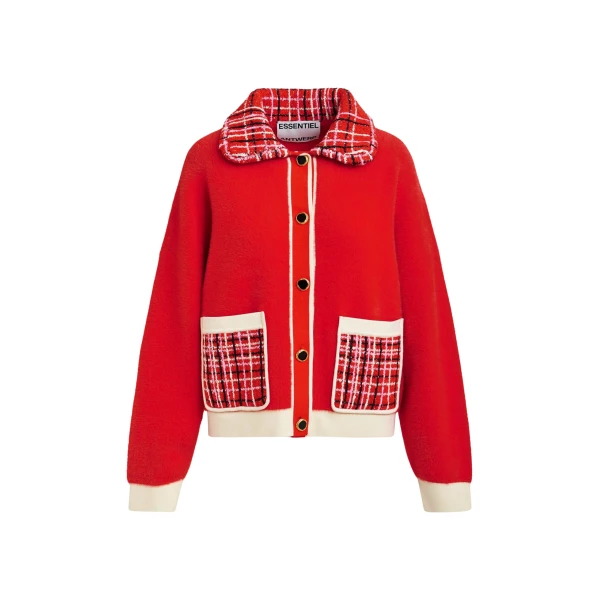Essentiel Antwerp Red and off-white textured cardigan with contrast pink and black tweed collar and patch pockets