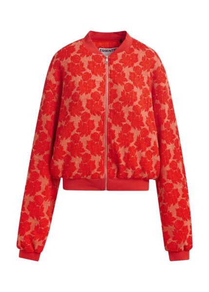 Red and orange quilted jacquard floral bomber jacket