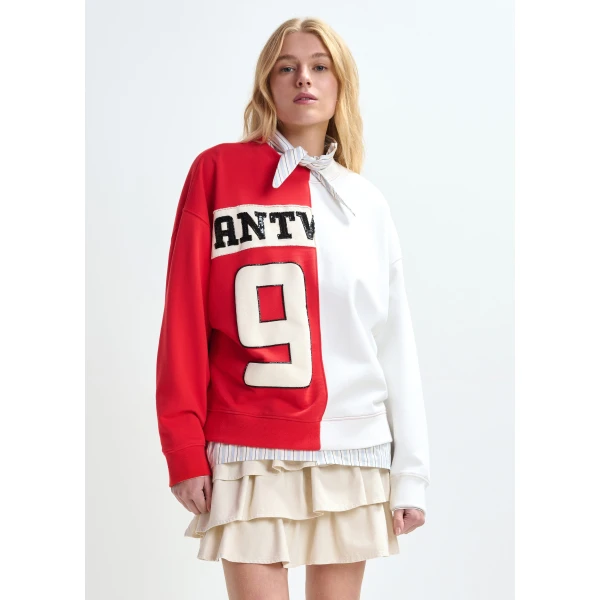 Essentiel Antwerp Red and white split-panel appliquéd cotton sweatshirt Top, view 2