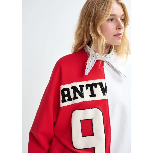 Essentiel Antwerp Red and white split-panel appliquéd cotton sweatshirt Top, view 3