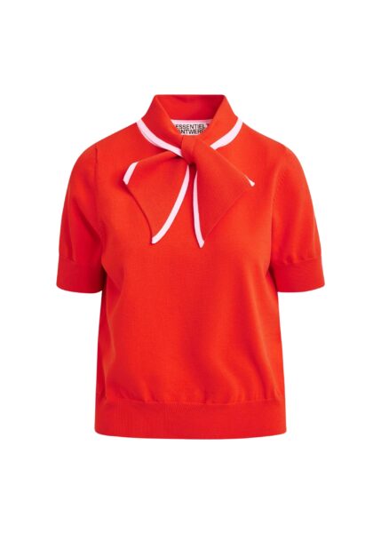 Red fine-knit polo with light pink scarf-like contrast collar