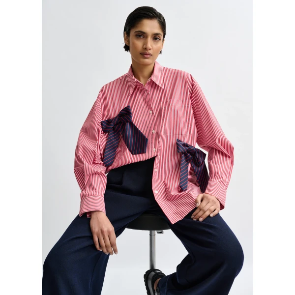 Essentiel Antwerp Red, white and navy striped oversized cotton shirt with tie bows, view 2